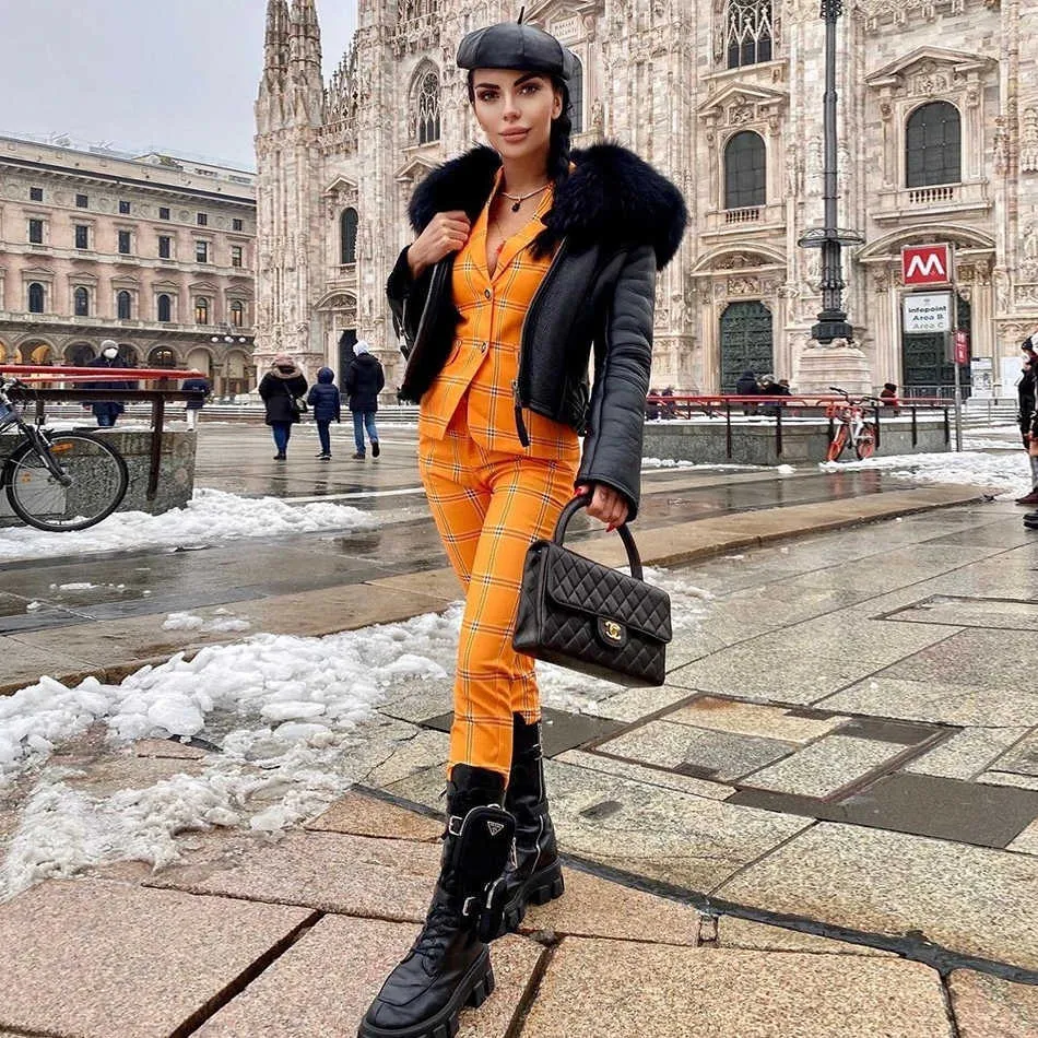 Elegante giacca da donna scozzese arancione da ufficio a maniche lunghe, pantaloni casual autunno-estate in due pezzi 210525