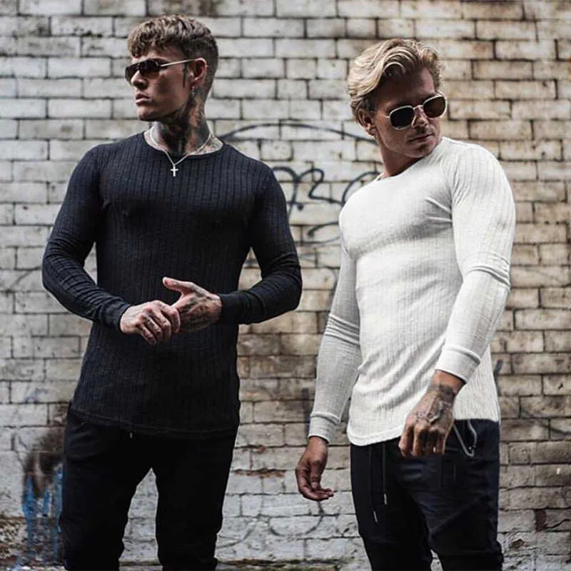 Muscleguys Autumn Fashion Thin Sweaters Men Long Sleeve Pullovers Man O-Neck Solid Slim Fit Knitting Tops pull homme 211006