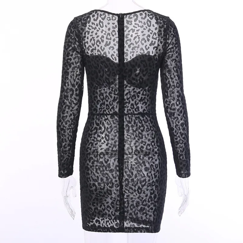 섹시한 메쉬 표범 See-Thine Party Dress 여성용 긴 소매 광장 칼라 Bodycon 미니 드레스 패션 클럽웨어 OMSJ 210517
