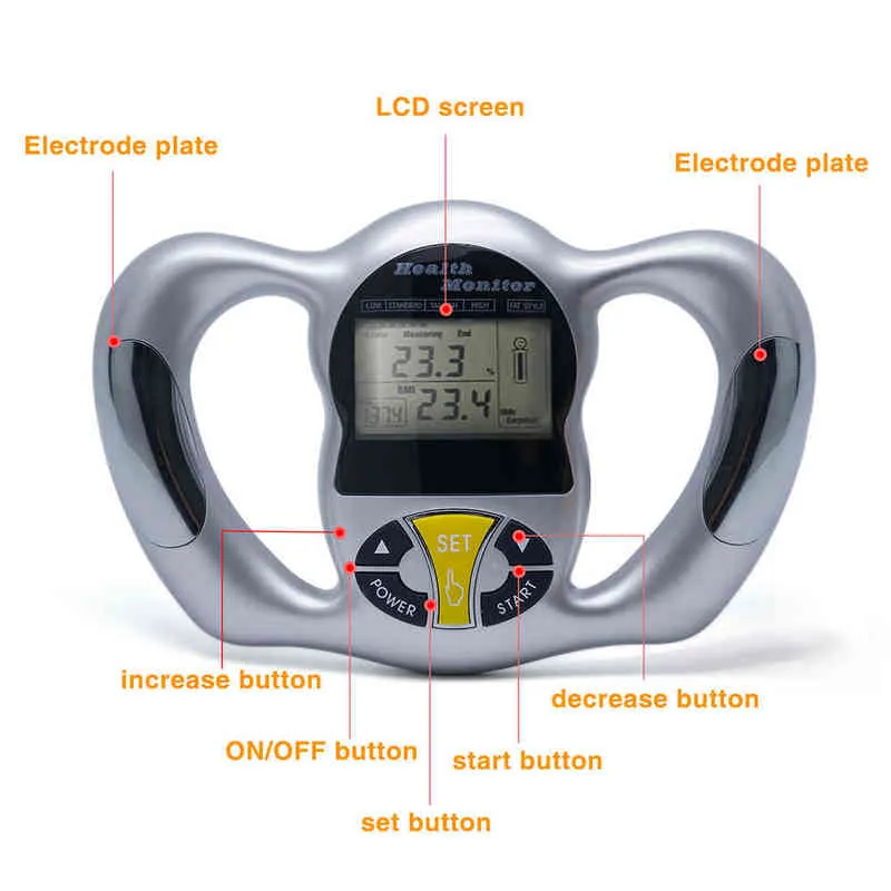 Tela Digital LCD Handheld BMI testador corporal medidor de gordura analisador de saúde mede seu percentual de gordura corporal ect H1229