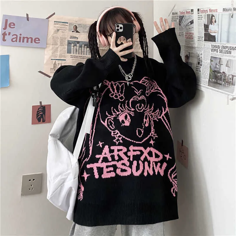 Neue koreanische süße Cartoon gestrickte Pullover Winter Y2K Harajuku japanische Anime Casual Punk Stil Frauen lose Ulzzang Kawaii Y0907