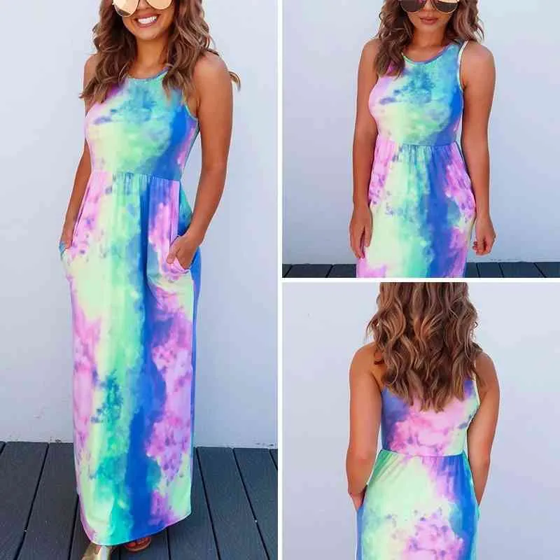 Omsj Womens Party Summer Tie Dye Dress Senhoras Maxi Moda Cocktail Ankle Comprimento Casual Plus Size Sundress Sem Mangas 210517