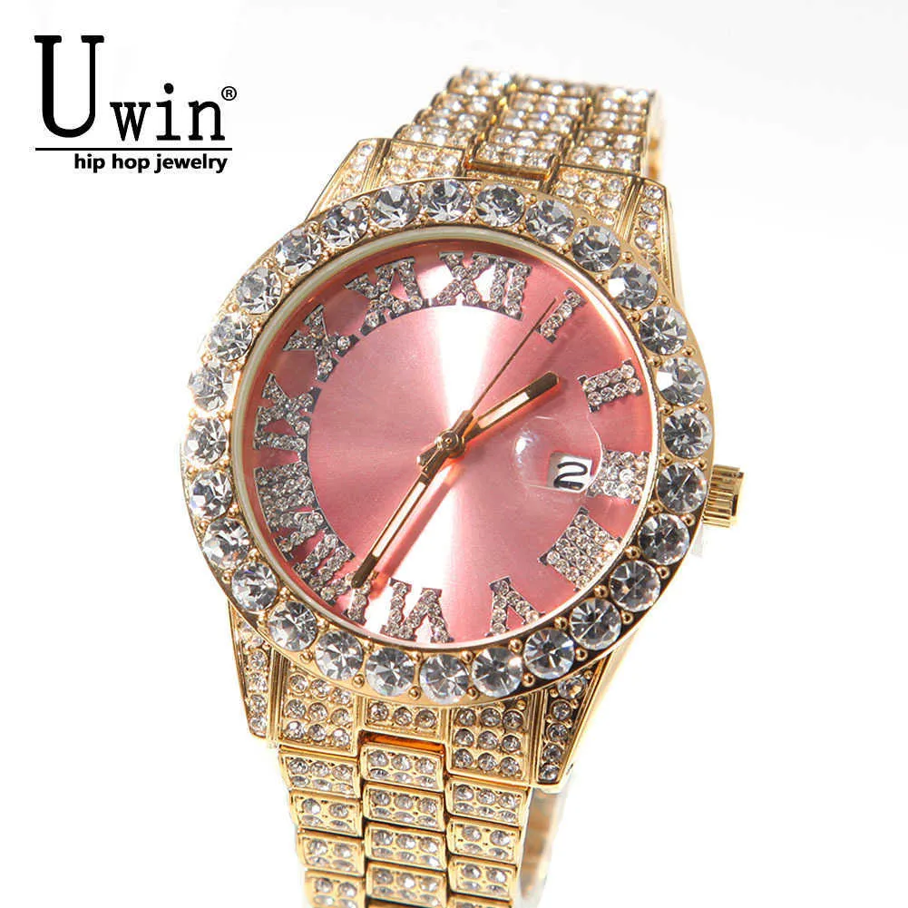 Uwin Big Dial Saatler Pembe Mor Mavi Siyah Full Buzlu Erkekler Paslanmaz Çelik Moda Luxury S Quartz Business 210728259T