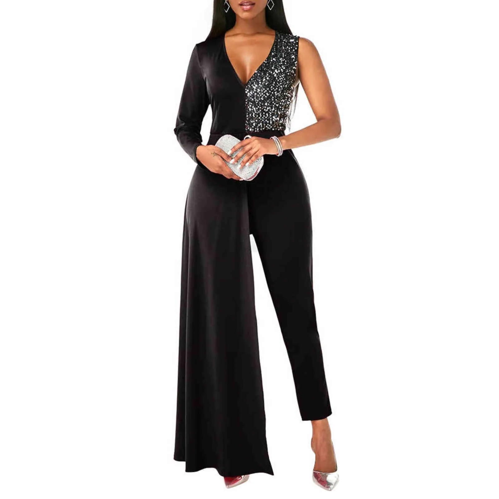 Oluolin Autumn Ladies Fashion Sequin Stitching Plus Size Black Jumpsuit Woman Sexy V-neck Waist Single-sleeve Romper 211115