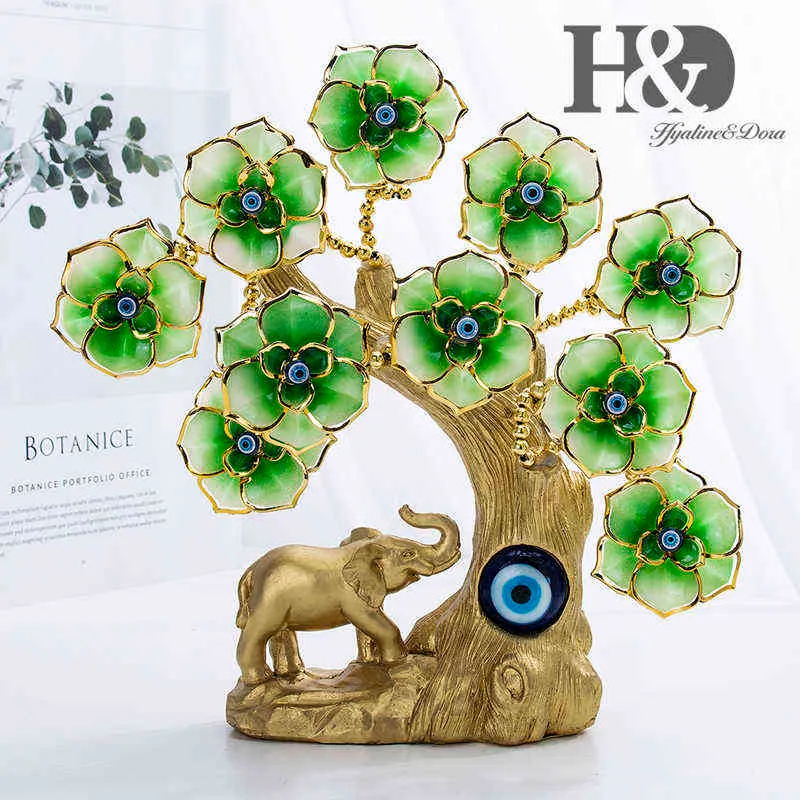 HD vert fleur éléphant arbre turc Feng Shui mauvais œil pour la protection richesse bonne chance cadeau décor à la maison résine figurine 211108