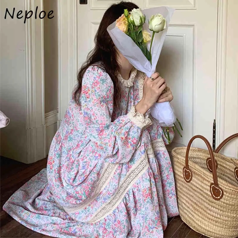 Travail lourd dentelle crochet fleur robe élégante femmes taille haute hanche une ligne longue robe o cou pull manches robe à carreaux 210422