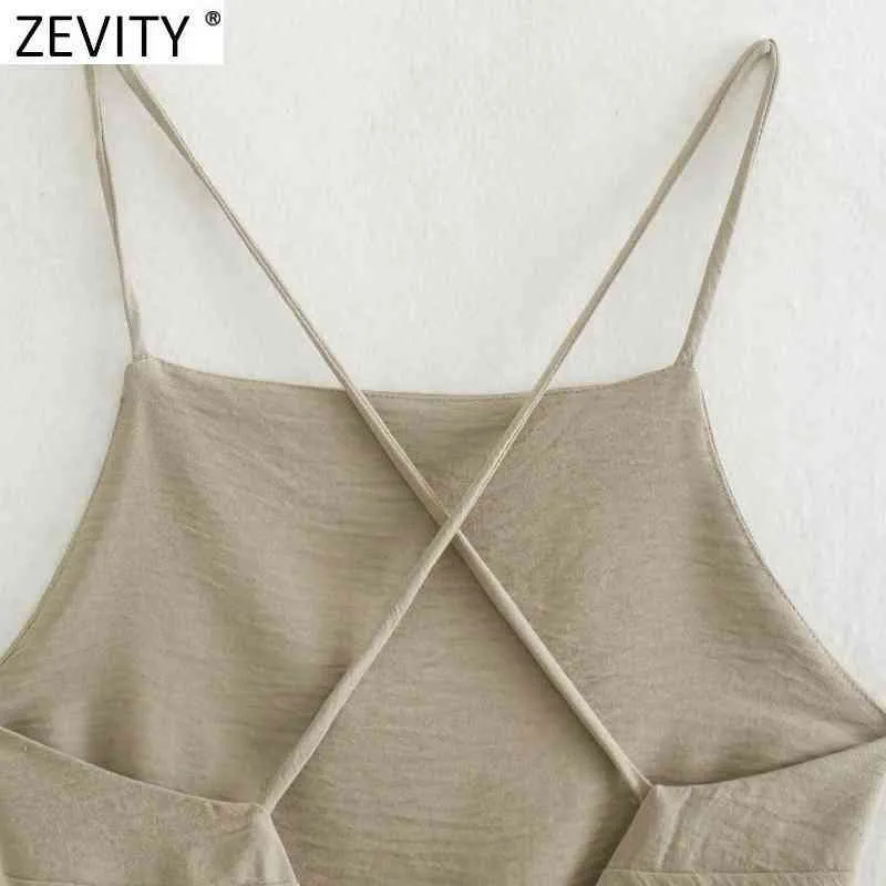 Zevity New Women Spaghetti Strap Sexig Chic Solid Camis Tank Lady Sommar Backless Cross Lace Up Sling Short Crop Tops LS9010 210419