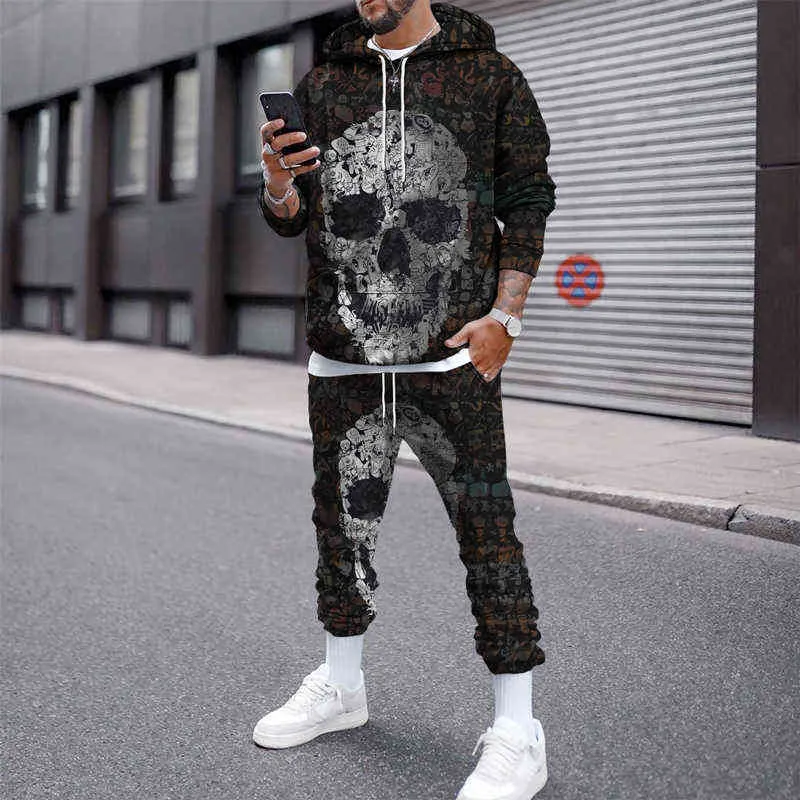 Skull 3D stampato Casual Casual Felpe con cappuccio Pantaloni da jogger set completo autunno inverno moda Trend uomo Tracksuit vestiti di grandi dimensioni da uomo 6XL G1217