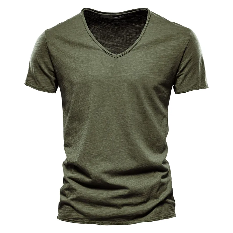 Été col en v T-shirt hommes 100% coton peigné solide à manches courtes T-shirt hommes Fitness maillot de corps hommes hauts t-shirts