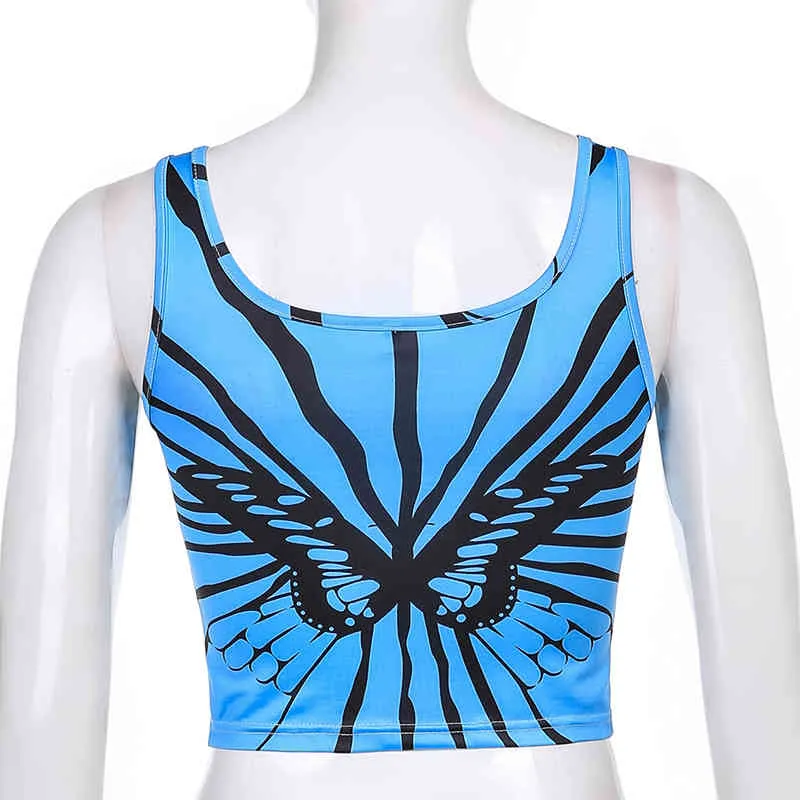 Papillon imprimé Y2K Crop Top Tank pour filles Vêtements d'été Femmes Chic Tee Casual Chemise bleue Gilet Pulls Streetwear 210510