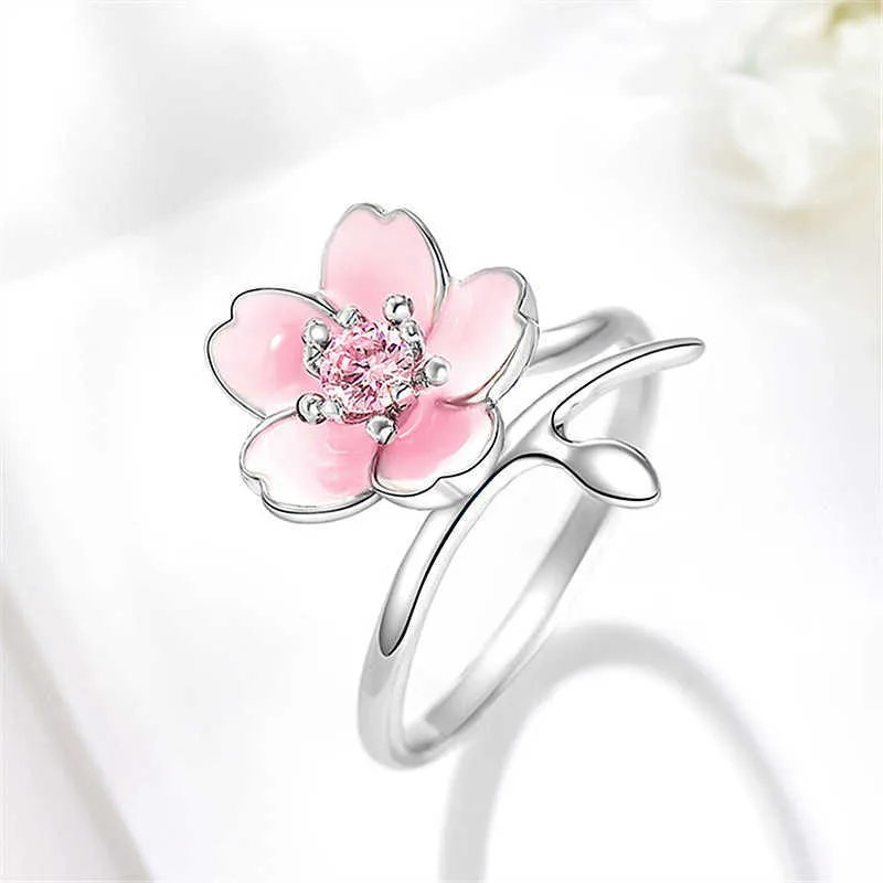 Womens Rings Crystal silver sweet blossom ring drop flower pink diamond cherry Lady Cluster styles Band