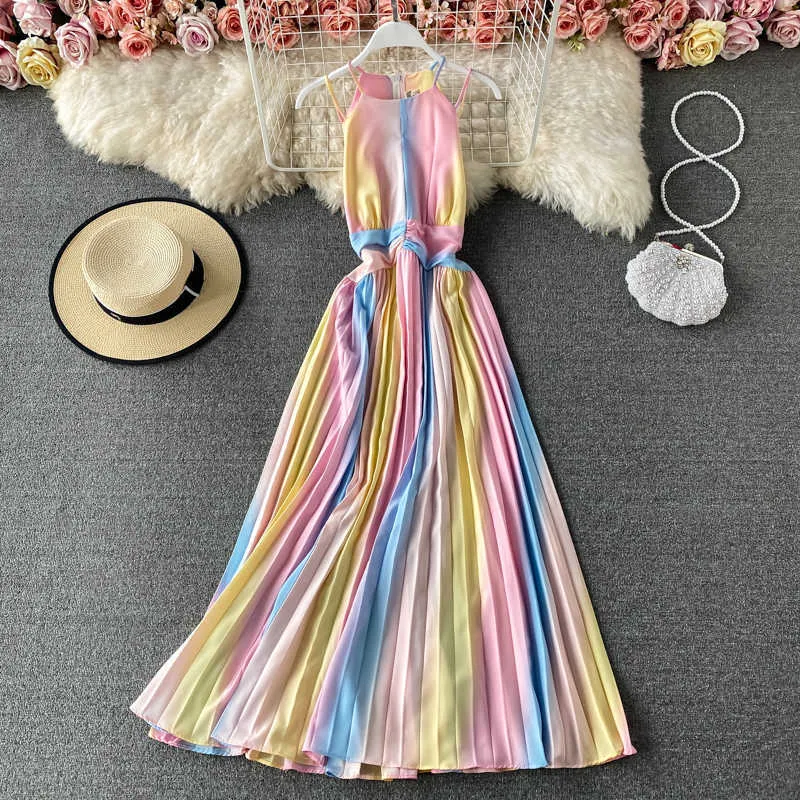 Vestido largo de tirantes finos con estampado de degradado de arco iris para mujer