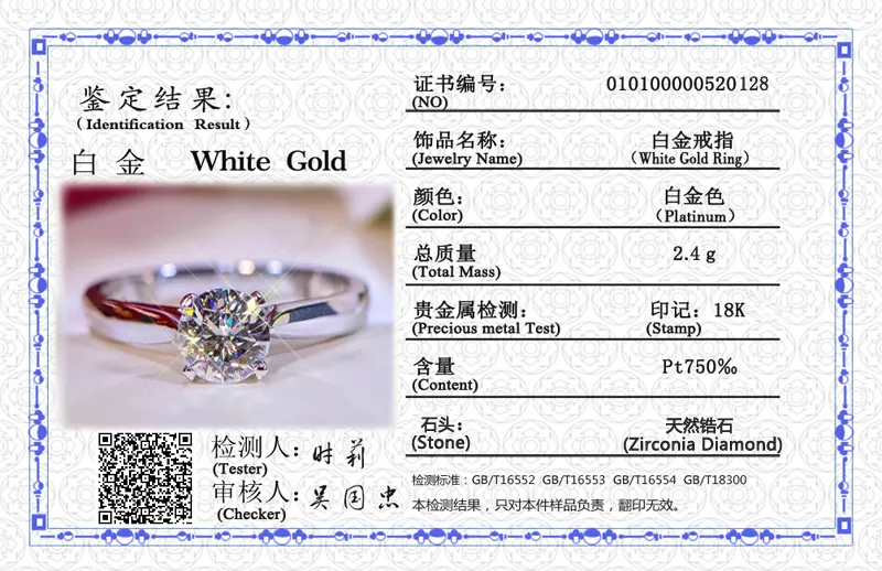 Med certifikat Original Ring 18K Vitguld Färg Rund Solitaire 2.0ct Cubic Zircon Bröllopsring Kvinnor Sterling Silver Ring