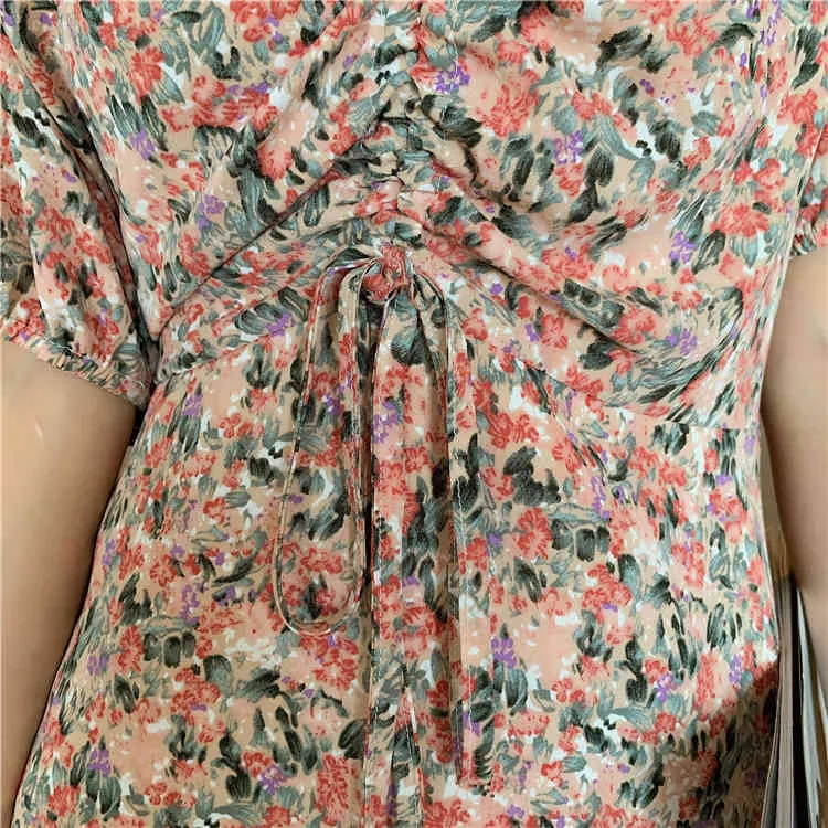 Femmes robe en mousseline de soie mode d'été femme à manches courtes col en v imprimé fleuri robes décontractées Vintage a-ligne Vestidos 210423