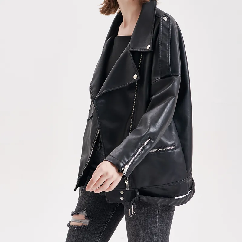 Women Loose Faux Soft Leather Jacket Coat Autumn With Belt Pu Streetwear Overcoat Female Zipper Rivet Punk 210423