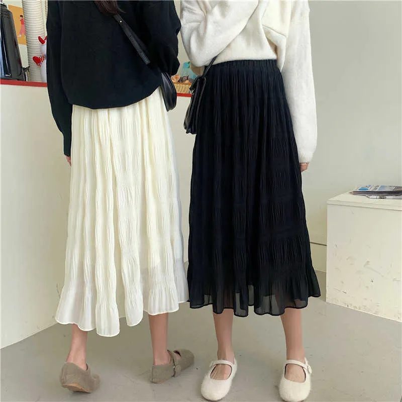 Skirts Women Slim A Line High Waist Pleated Black Chiffon Skirt Spring Mid Length Elegant Temperament Faldas Mujer Korean 210610