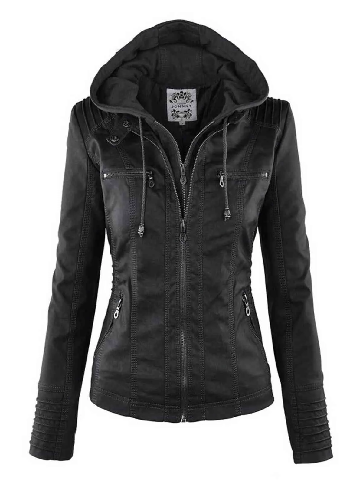 Gotisk faux läderjacka kvinnor khaki vinter motorcykel hoodies ytterkläder pu grundläggande kappa 211118
