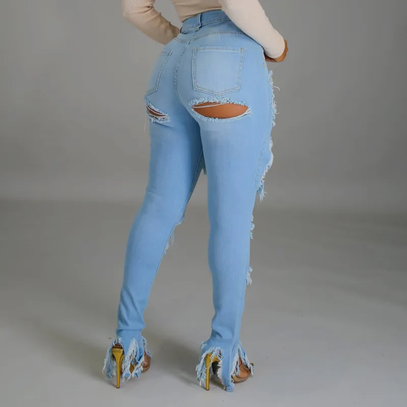 Grande taille femmes lavé déchiré jean mode Sexy taille haute maigre Denim pantalon bleu évider blanchi crayon pantalon 210517