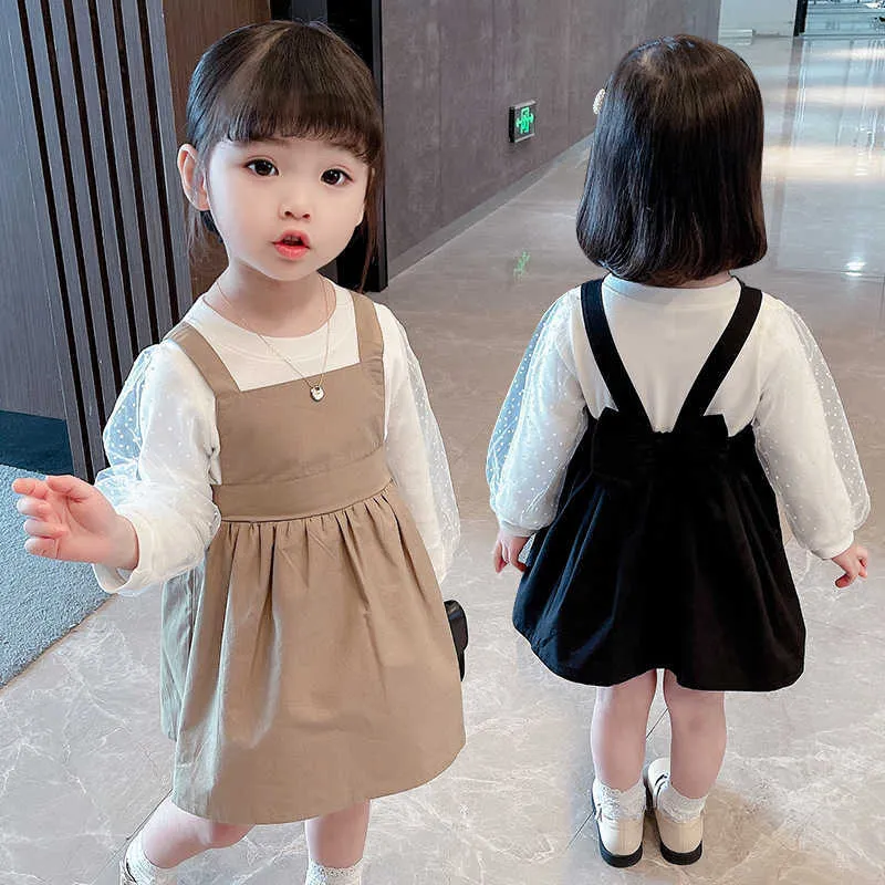 Bear líder bebê meninas coreanas moda roupas conjuntos de outono crianças Causal t-shirt e suspender roupa de vestido roupas de crianças 210708