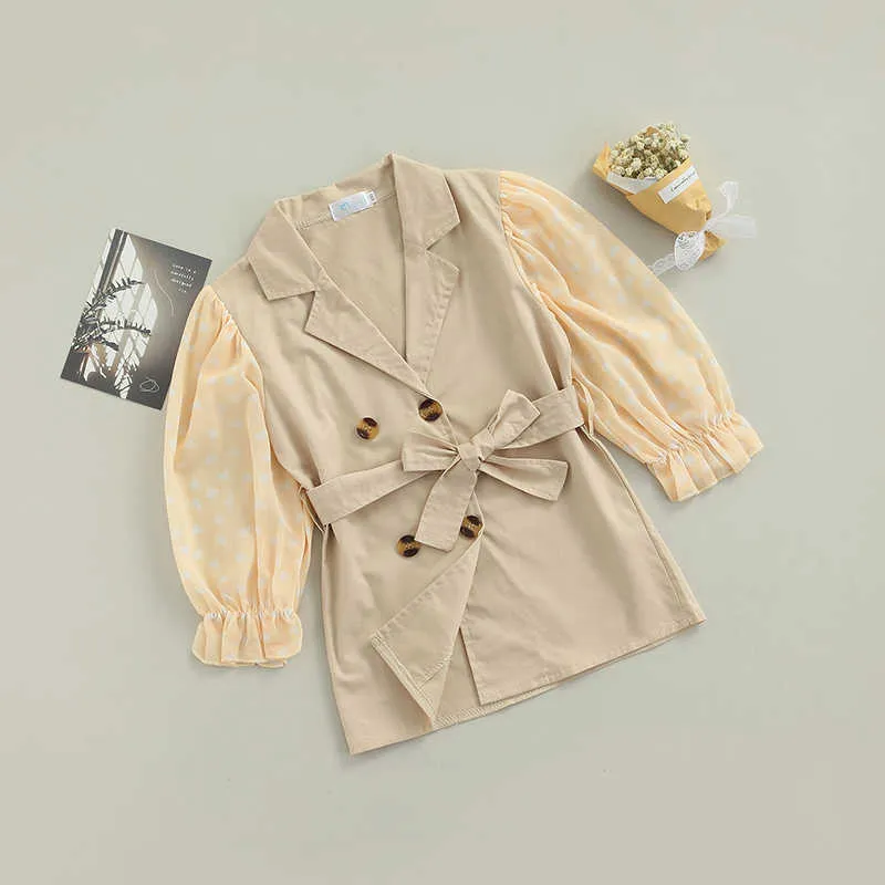 Robe veste en mousseline de soie pour filles de 2 à 7 ans, mode automne, manches bouffantes à pois, robe à simple boutonnage avec ceinture, G1026