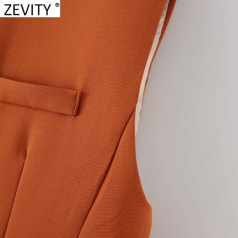 Zevity Women Simply Sleeveless Single Breasted Orange Vest Jacket Office Lady Slim Suit WaistCoat Pockets Outwear Tops CT682 210603