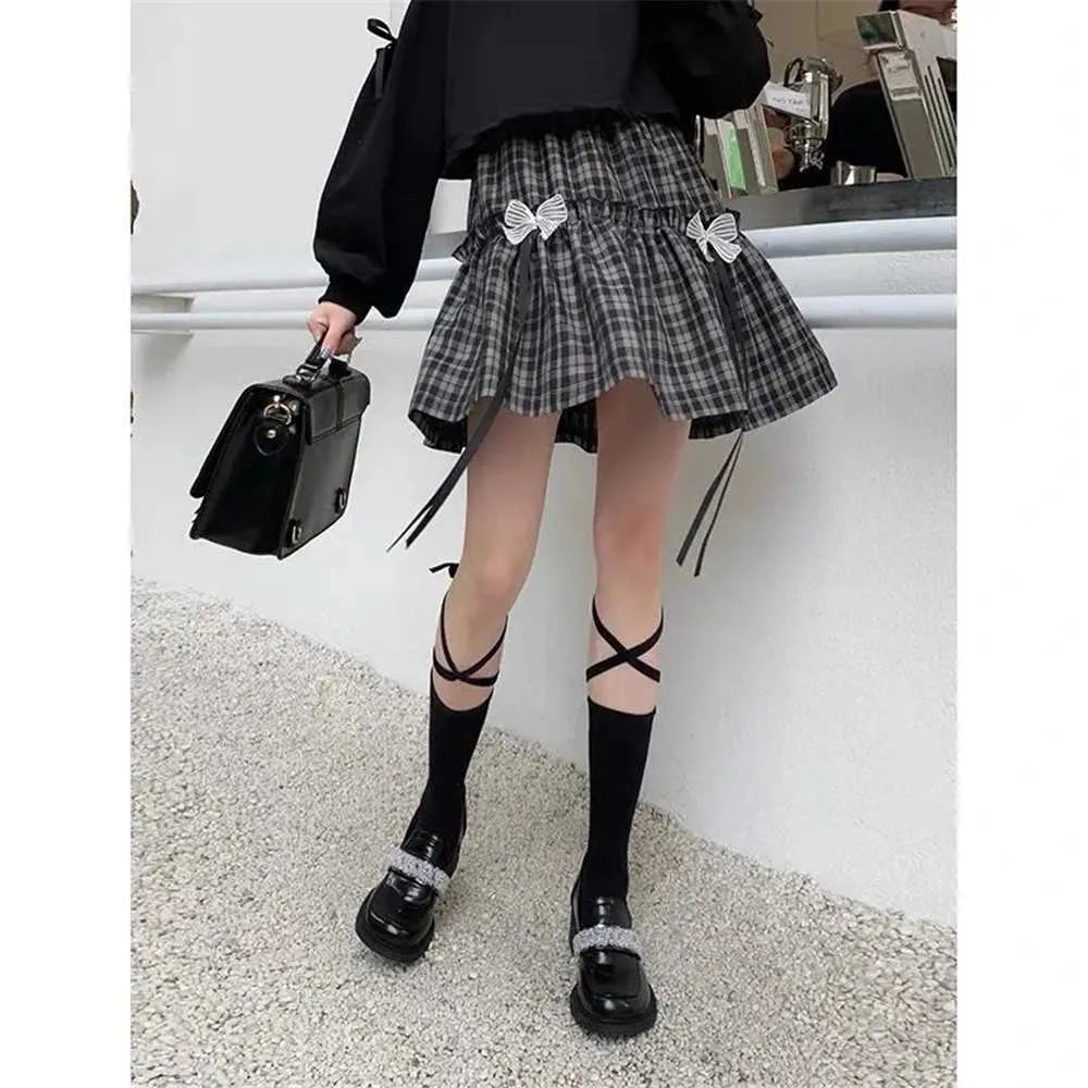 Goth Black Plaid z łuk Mini spódnice Vintage High talia Eesthetics Ruffle plisowana spódnica dla kobiet streetwear dla dziewcząt 210619