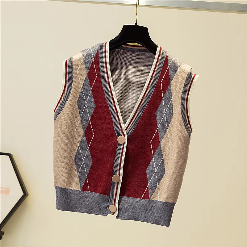 NEPLOE V Neck Single Breasted Cardigans Tank Topy Jesień Chic Argyle Hit Kolor Patchwork Kamizelka Kamizelka Luźny Sweter Bez Rękawów 210510