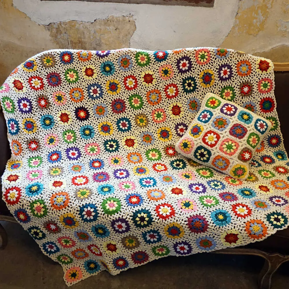 handmade crochet afghan blanket original Hand hooked crochet blanket cushion felt bay window banket granny square 2108318574142