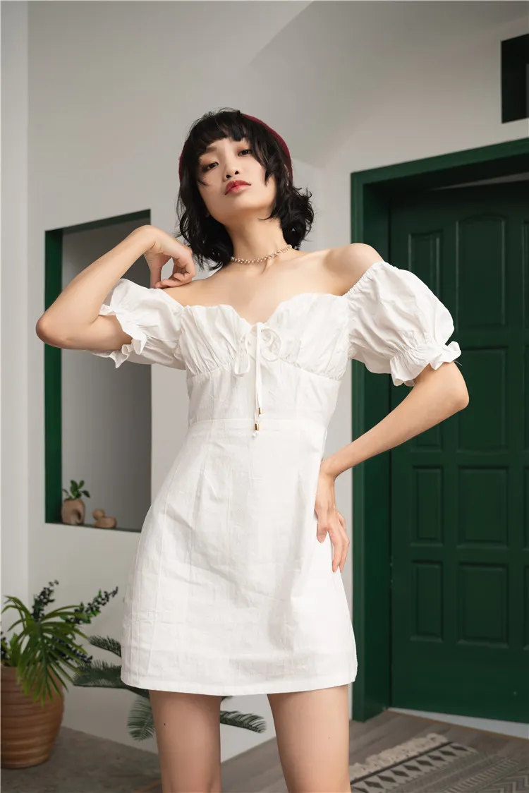 オフショルダードレス夏のランタンスリーブホワイトチュニックミニ女性ショートレディースRuched Fashion 210427