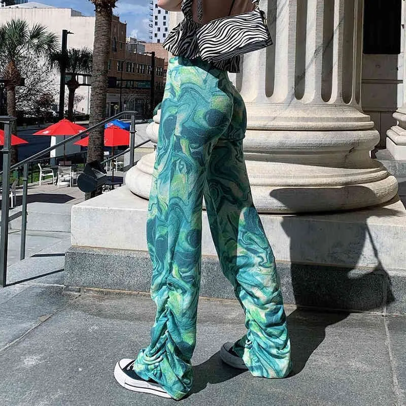 Paisley Print Green Straight Y2K Sweatpants High Waist Stacked Pants Women Fashion Chic Tie Dye Ruched Trousers For Female 210510