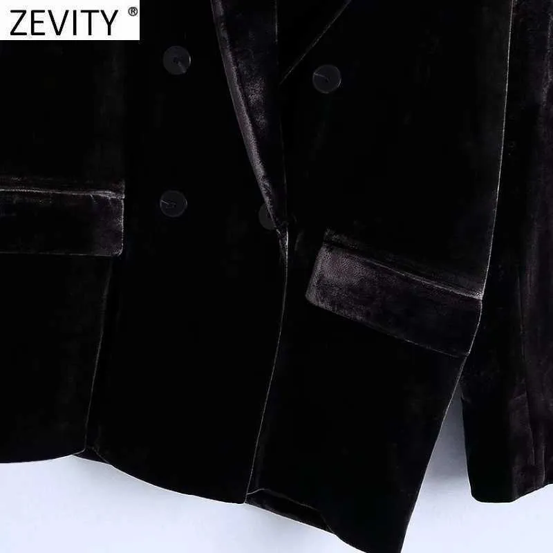 Zevity Mulheres Chic Dupla Breasted Lazer Veludo Blazer Casaco Lady Manga Longa Pockets Outwear Suitwear Tops CT660 210603