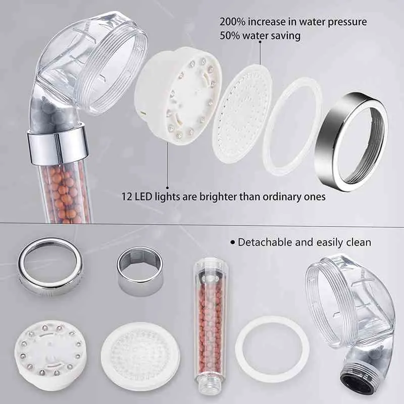 Hot 3/Changes Led Shower Head Anion Mineral Stones Water Saving Bracket Hose Adjustable Bathroom Accessories Shower Set H1209