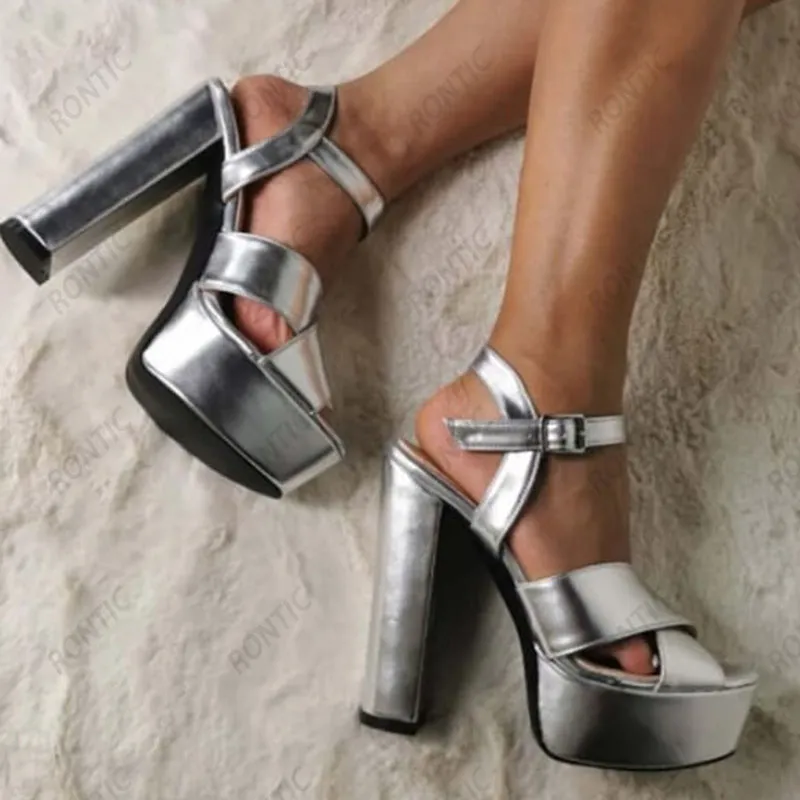 Rontic Anpassa Färg Kvinnor Plattform Sandaler Unisex Sandals Chunky Heels Öppna Toe Pretty Silver Party Shoes Ladies US Storlek 5-20