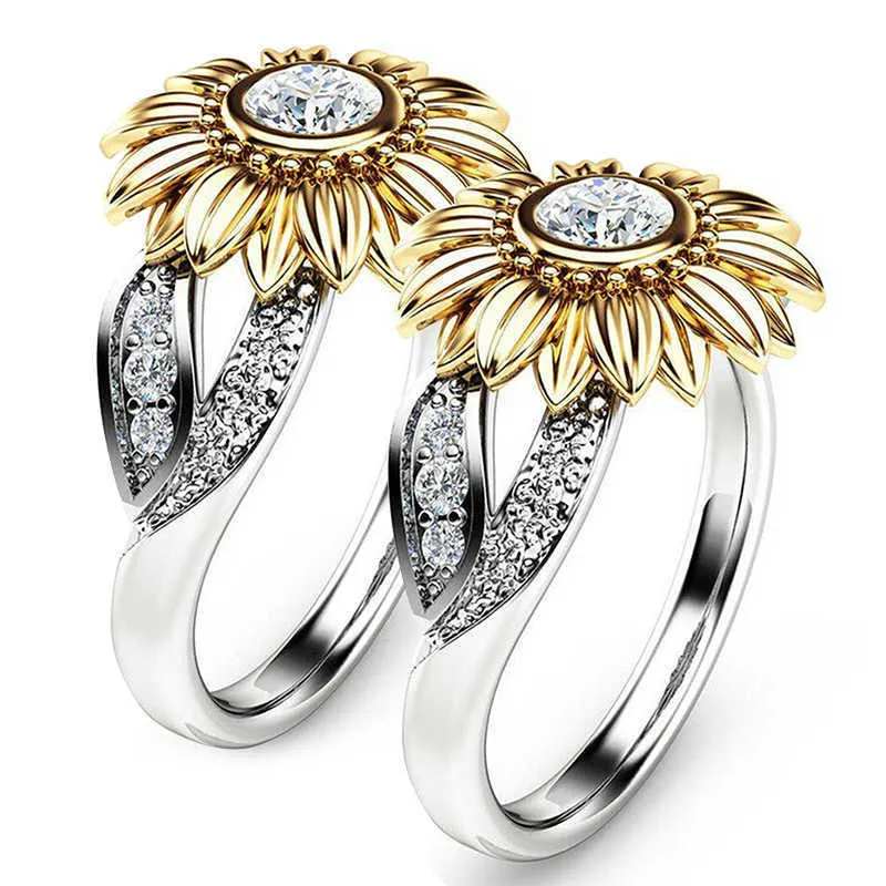 Crystal Sunflower Ring Women White Wedding Ring Gift X0715
