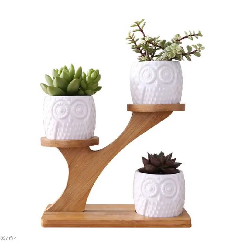 Pots De Jardin En Céramique Moderne Décoratif Pépinière Plante Succulente Pot 3 Jardinières Bonsaï Avec Étagère En Bambou À 3 Niveaux Navire Libre 210615