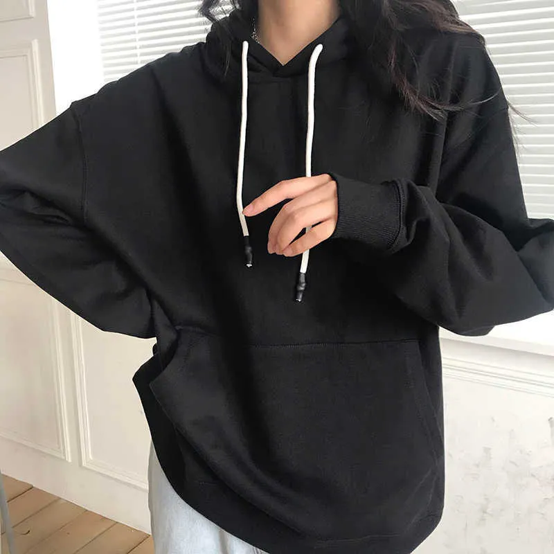 Aelgentmis Casual solide surdimensionné sweats à capuche femmes noir cordon à manches longues sweat-shirt lâche coréen pulls femme chic 210607