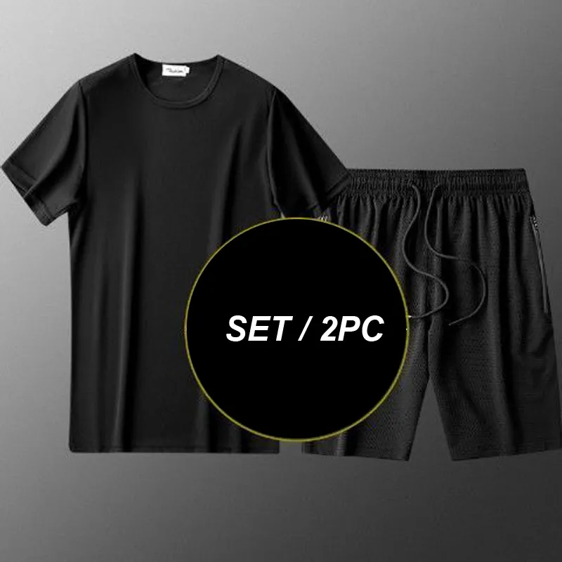 Ensembles Été Nouvelle mode coréenne Mince Mesh Design Respirant Ice Mens Survêtement Casual T-shirts et Shorts 5XL 210412