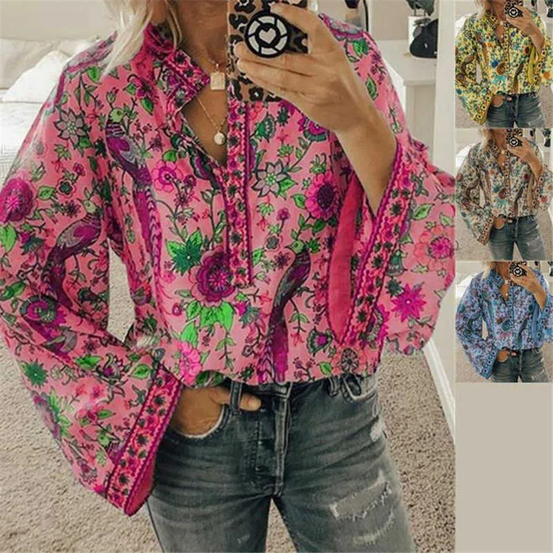 Gaoke Mulheres Pavão Impressão Boho Blusa Elegante Vintage Camisa de Manga Longa Primavera Outono Feminino V-Pescoço Botão Blusa Tops 210719