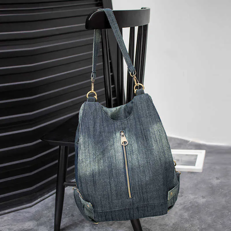 Washed Denim Women backpack Big Jean multifunctional backpack female shoulder bag Casual Travel Bags Rucksack blue Mochila Bols 21279L