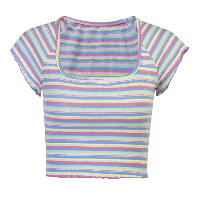 여름 새로운 색상 대비 스트라이프 티셔츠 섹시한 청소년 배꼽 버튼 슬림 맞는 스퀘어 넥 짧은 소매 활력의 활력 소녀 톱 210422
