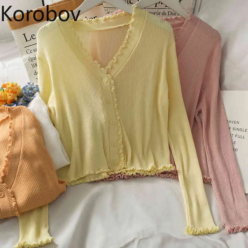 Korobov Nieuwe V-hals Lange Mouw Dames Truien Vintage Zomer Vrouwelijke Vesten Preppy Stijl Single Breasted Sweater 210430