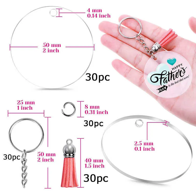 Acrylic Clear Circle Blanks Keychain Tassels Set Acrylic Circle Keyring Tassels Jump Ringar för Smycken DIY Keychains H0915