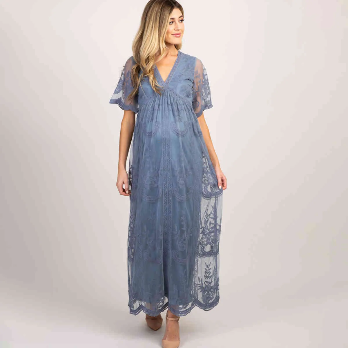 Jastie Maxi abito da donna con scollo a V Bohemian Ricamo Pizzo lungo tunica Abiti da spiaggia Estate manica corta Vacanze Abbigliamento donna 210419