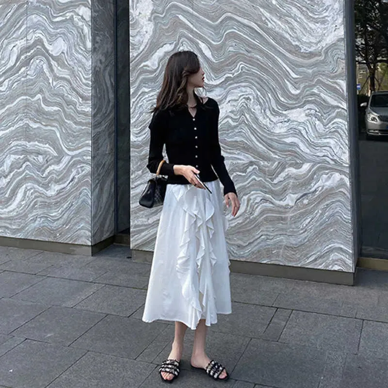 Vit ruffle hög midja veckade kjol kvinnor svart elegant chic midi long saia sommar ins vild a-line streetwear för tonåringar 210619