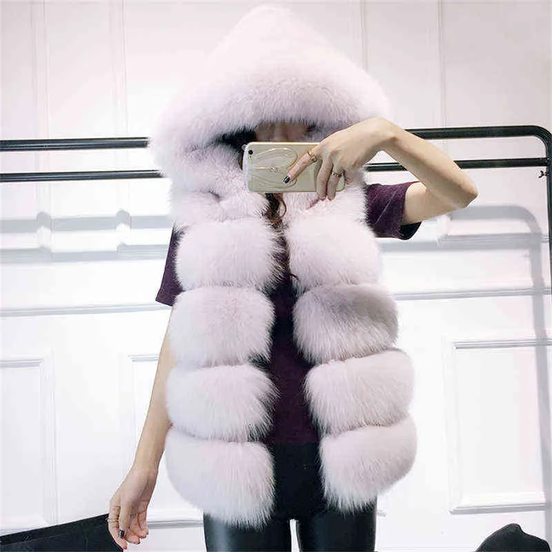 Sleeveless Faux Fur Vest Winter Casual Outerwear Female Solid Fake Fur Hooded Overcoats For Lady Fashion Fur Vest Femme 211110