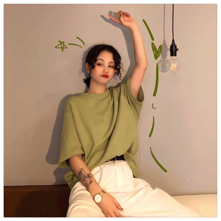 Oversize T-Shirt 7 Einfarbige Basic T-Shirts Frauen Casual Harajuku Sommer Lange Tops Koreanische Hipster Weiß T 210720
