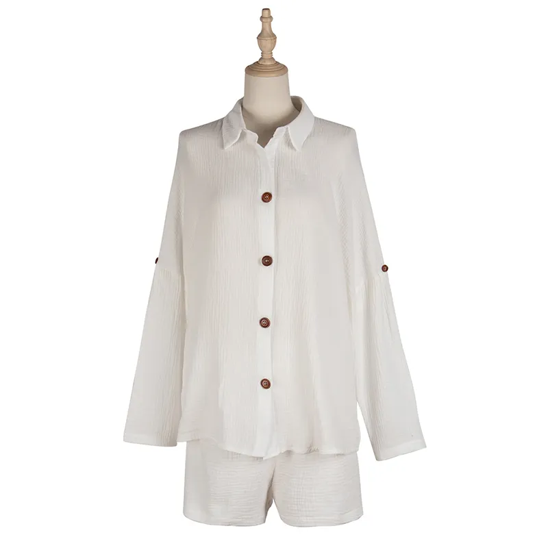 Pamuk Katı Beyaz Kadın Şort Set Düğme Turn-down Yaka Uzun Kollu Gömlek Ve Kısa Pantolon Bayanlar Takım Elbise Yaz Rahat 210518