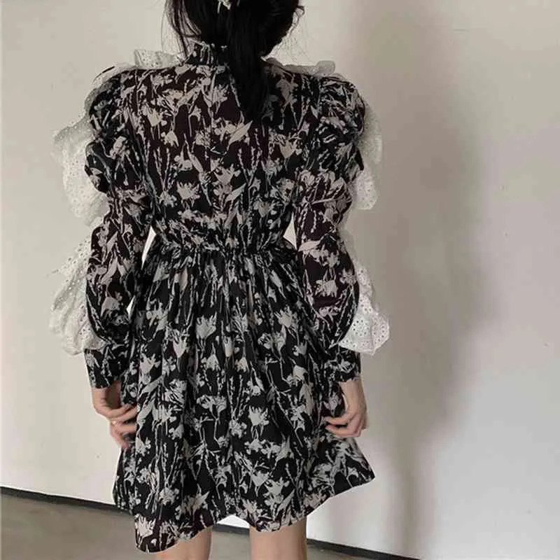 Ezgaga Vintage z długim rękawem Kobiety Sukienka Koronki Kwiatowy Drukowane Sprężyna Stretch Wysoka Talia Eleganckie suknie Koreański Moda Vestidos 210430