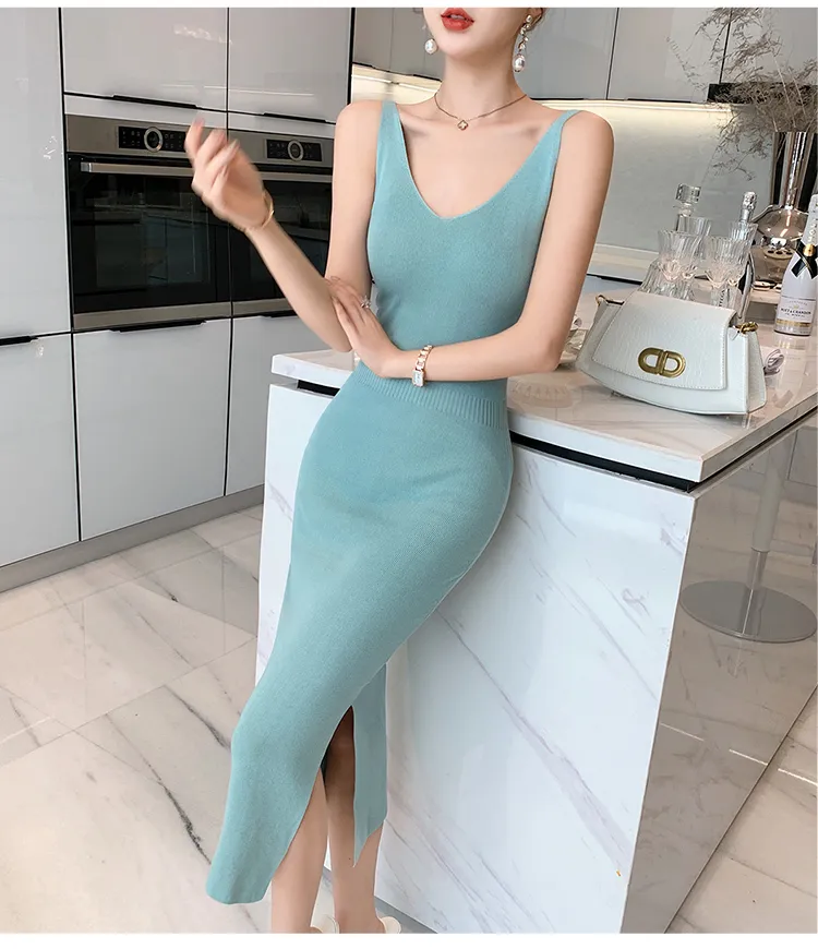 Arrival Knitted Bodycon Dress Women Sexy V-Neck Summer Blue Sleeveless Mid-Length Party Dresses Vestidos 210520