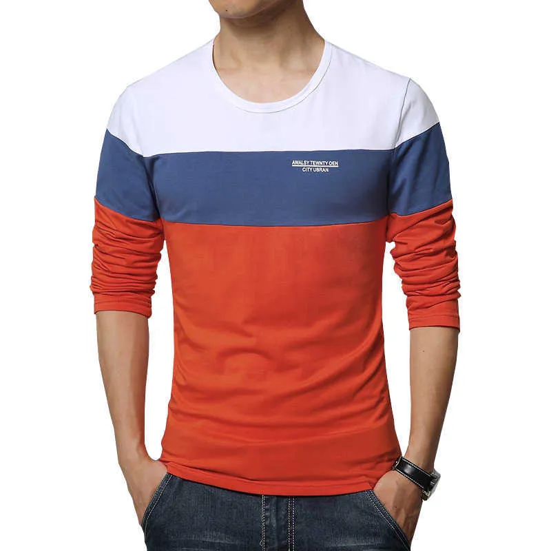 米国S-XLスプリング到着メンズTシャツoネックパッチワーク長袖Tシャツメンズ服トレンドプラスサイズトップティーシャツ210528